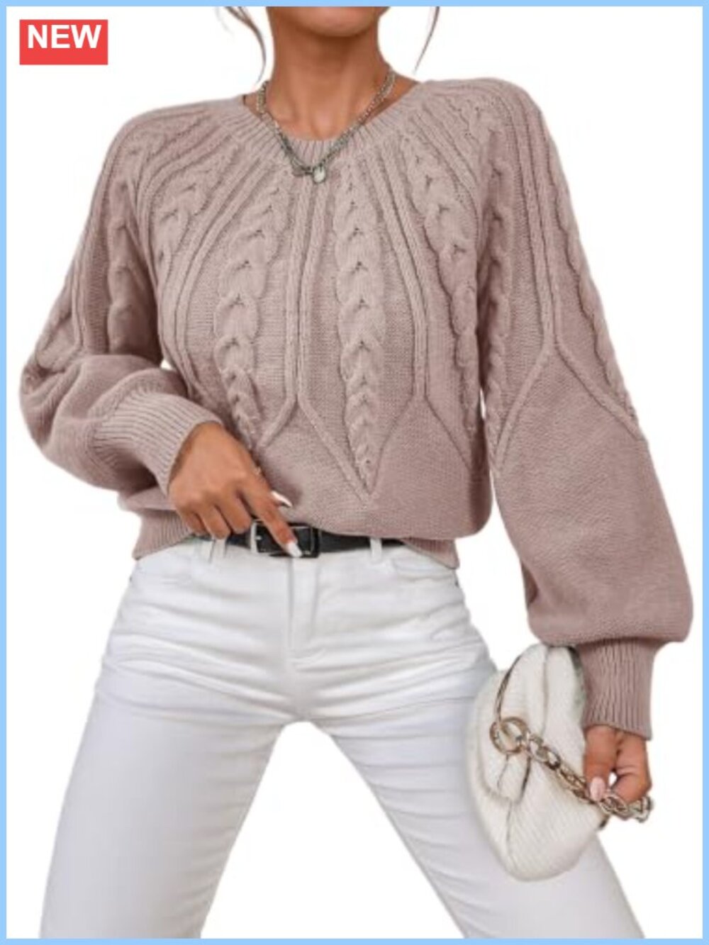 Women Cable Knit Chunky Pullover Sweater Long Sleeve Lantern Sleeve